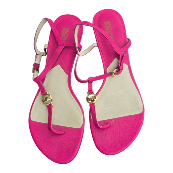 Michael Kors Nora Wedge Sandals Sz 10M Shoes Raspberry Pink Thong Logo Leather - Picture 1 of 15